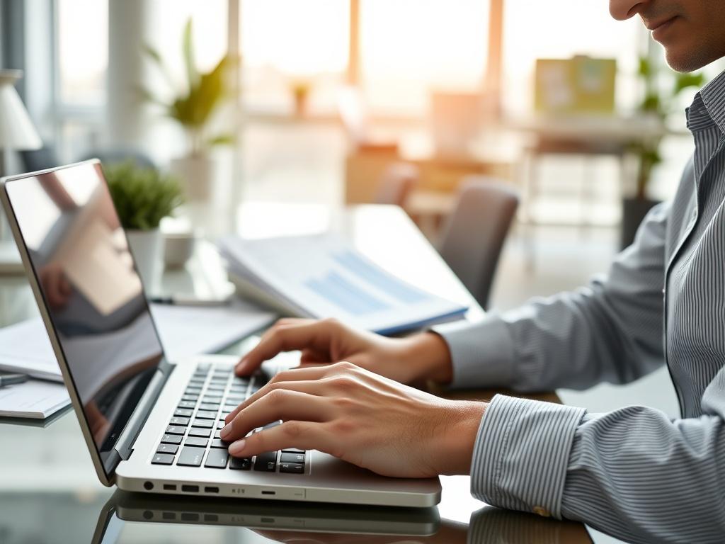 A close-up shot of a round-style image featuring a professional bookkeeper working on a laptop with financial documents and spreadsheets around. The background should be a bright, modern office space with natural light, showcasing a clean and organized workspace.