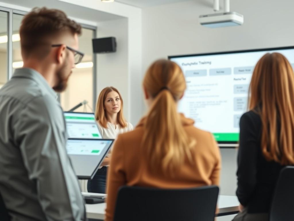 A round-style image showing a QuickBooks training session in progress, with a trainer guiding a group of attentive participants in a modern office setting. The background should be bright and inviting, featuring a projector and QuickBooks interface on a screen.