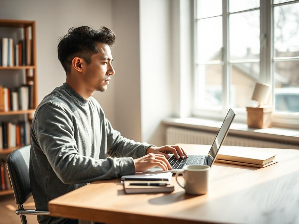 Create a realistic high-resolution photo focused on a single subject that embodies the essence of "Crafting Compelling Content." The primary subject is a thoughtful writer seated at a minimalist wooden desk, deeply engaged in the process of writing on a laptop. The room is well-lit with natural sunlight streaming in through a large window, casting soft shadows and creating a warm, inviting ambiance.

Position the writer at a slight angle, capturing a profile view that showcases their focused expression whil