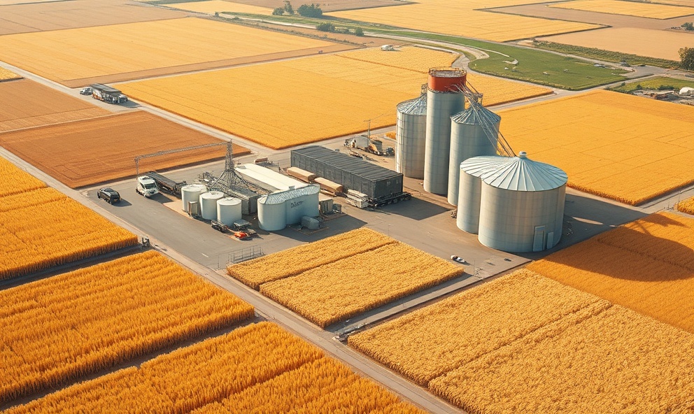 Agricultural fields and grain storage infrastructure