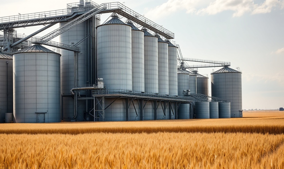 Industrial grain storage and trading facility with silos