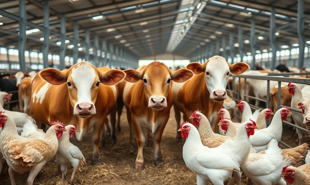 Healthy livestock and poultry on modern farm