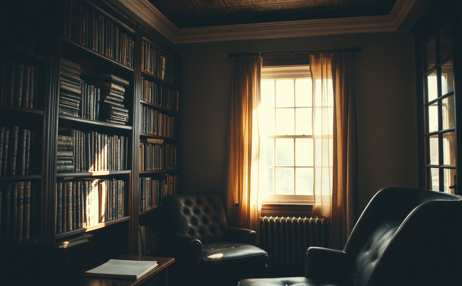A cozy vintage reading room with a leather armchair, tall bookshelf, and soft window light