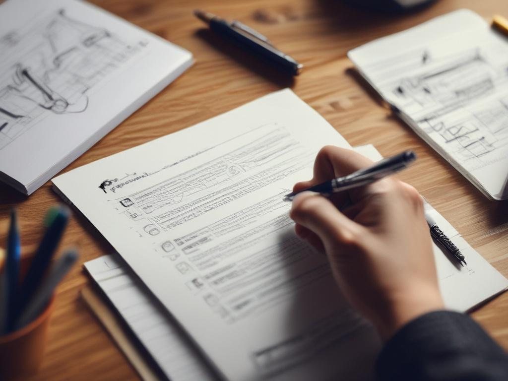 A hyper-realistic close-up photo of a person sketching a business plan on a notebook, taken with a 45mm f/1.2 lens style. The background includes a modern workspace with minimalistic design, compatible with rgb(193, 153, 87) color tones. The focus is on the hand holding the pen and the detailed business plan.
