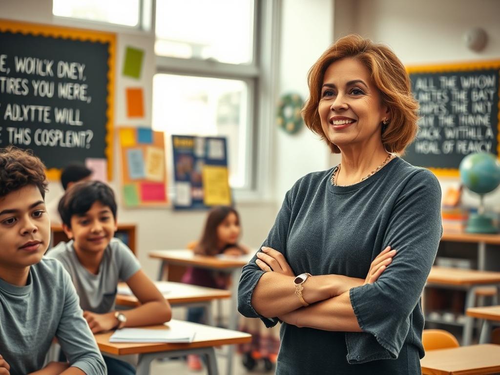 Create a highly detailed, realistic high-resolution photo that embodies the essence of "Transformational Training: Empowering Teachers." The composition should be simple and clear, featuring a single subject—a passionate teacher in a modern classroom environment. The teacher, a middle-aged woman of diverse descent, should be depicted standing confidently at the front of the class, engaging with a group of attentive students seated at desks. 

The background should be a bright and inviting classroom, with la