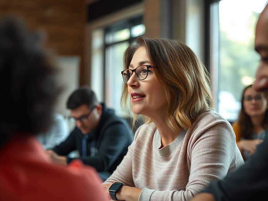 A close-up shot of a teacher immersed in a professional development workshop, surrounded by learning materials and engaged participants. The image should convey a dynamic learning atmosphere, with the teacher visibly inspired and empowered, showcasing a sense of enthusiasm and dedication to professional growth.