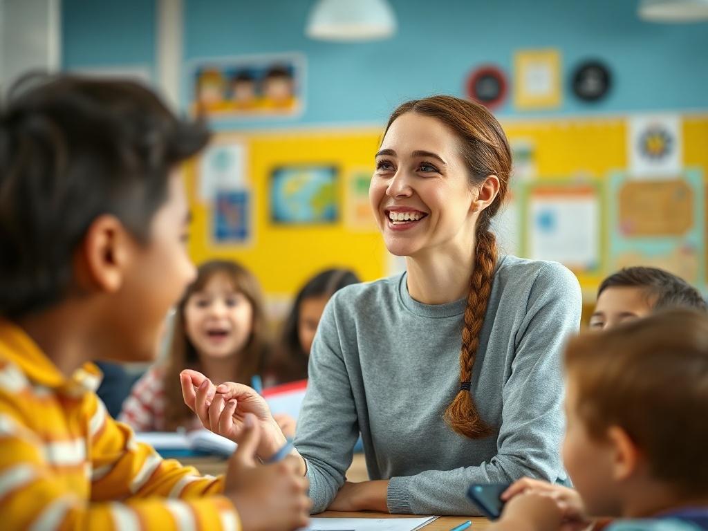 A close-up shot of a joyful teacher in a vibrant classroom, engaging with students and showcasing an atmosphere of excitement and positivity. The scene should capture the essence of a supportive teaching environment with bright colors and an inviting background, focusing solely on the teacher's expressions and interactions.