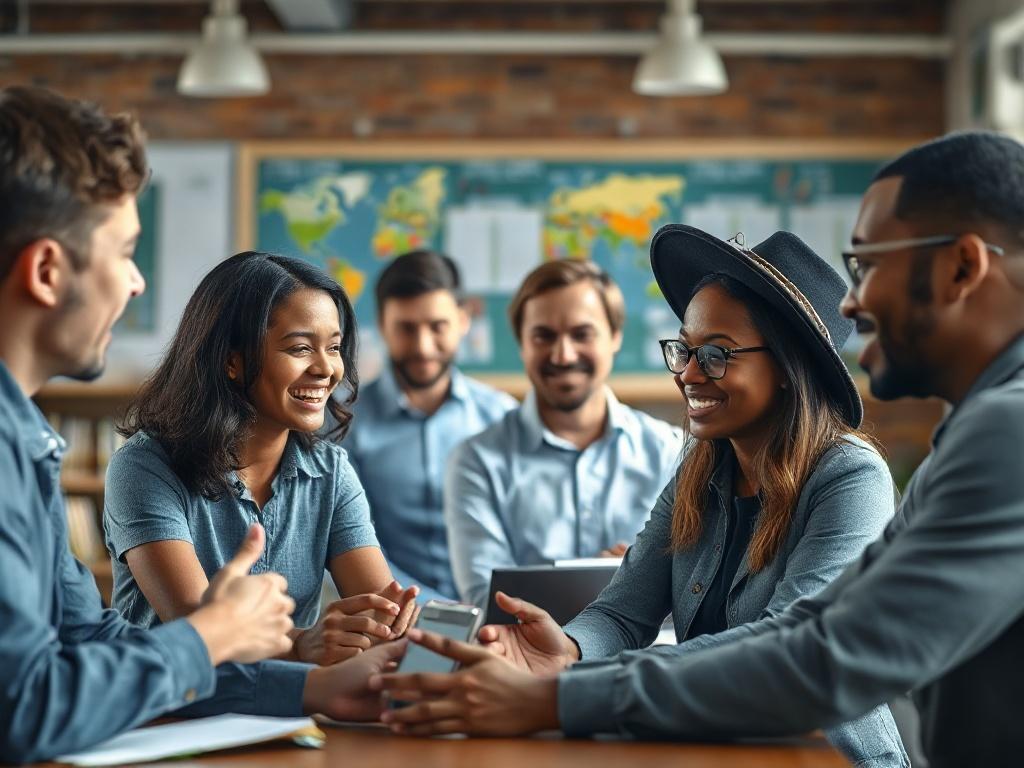 A close-up shot of a diverse group of enthusiastic teachers participating in a collaborative training session. The image should showcase a sense of unity and determination, with teachers exchanging ideas and building connections, set against a backdrop that reflects a vibrant educational environment.