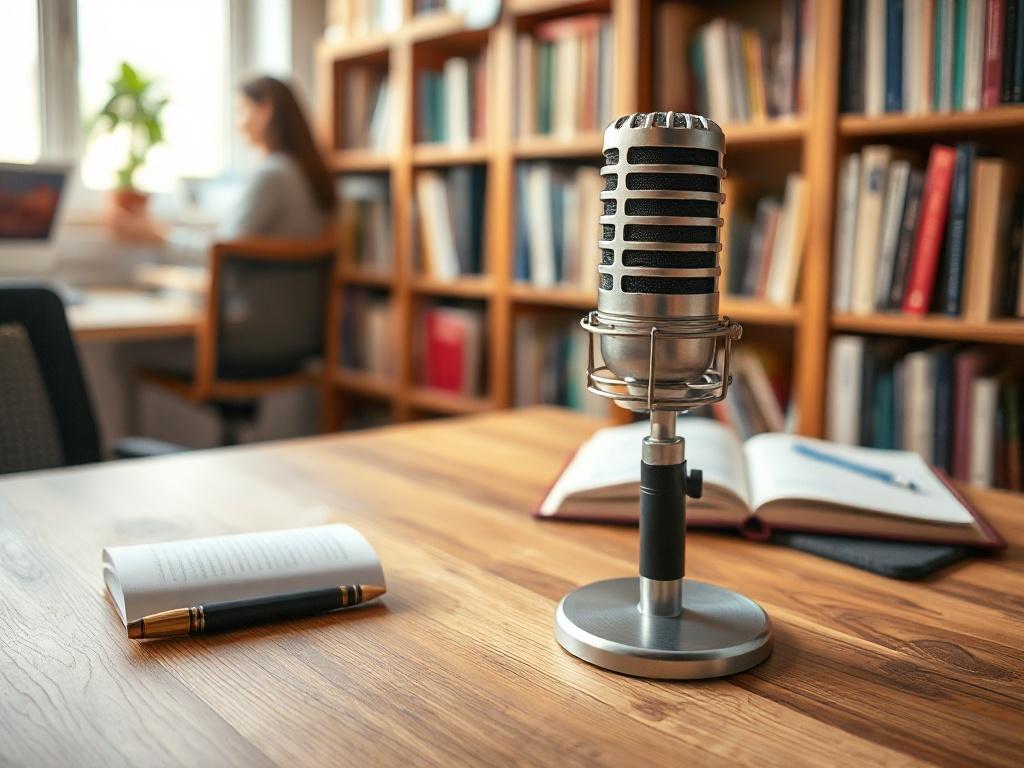 A close-up shot of a microphone on a wooden podcasting desk, with a notebook and pen beside it, creating a warm and inviting atmosphere. Soft lighting enhances the scene, with a subtle background of blurred bookshelves filled with education-related materials. The overall composition focuses on the microphone as the central subject, conveying the essence of a podcast about empowering teachers.