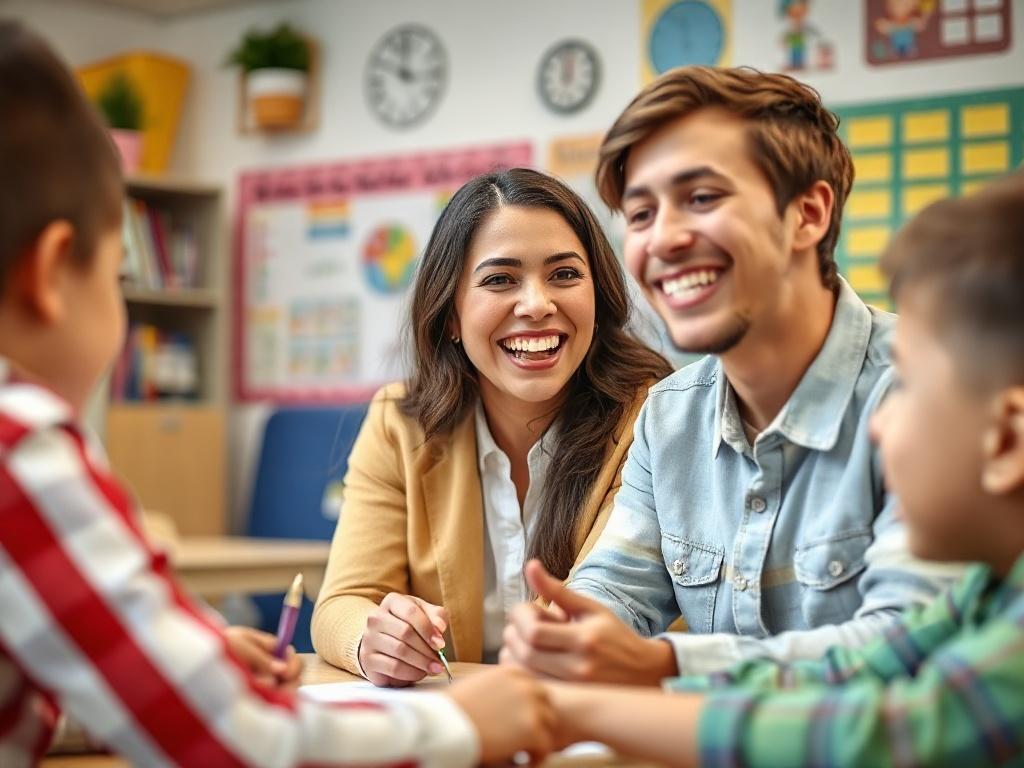 A close-up shot of a smiling teacher engaging with students in a vibrant classroom setting, showcasing enthusiasm and joy. The background includes colorful educational materials and a supportive learning environment, captured with a 45mm f/1.2 lens.