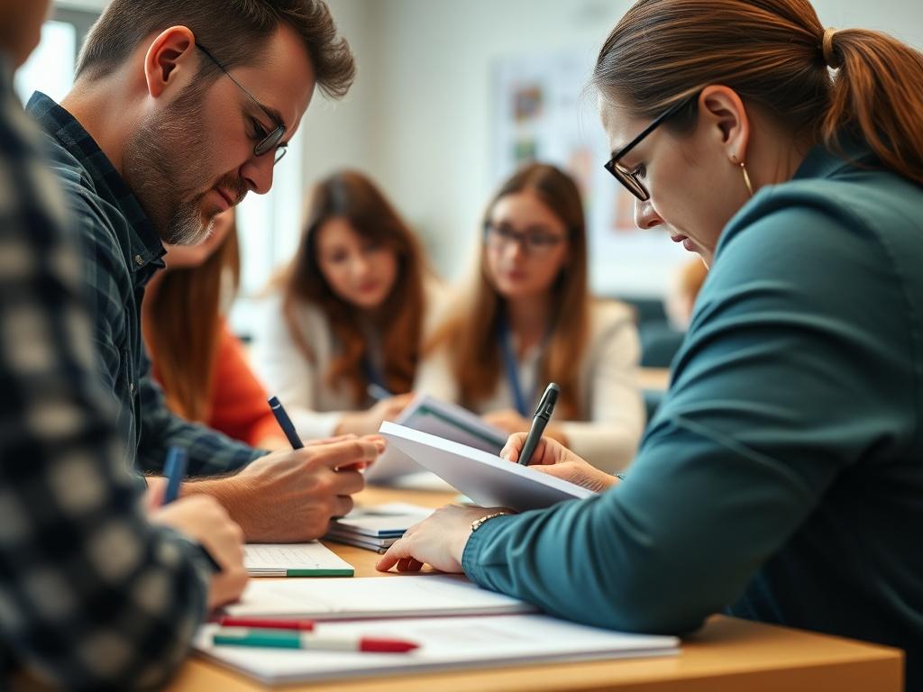 A close-up shot of a teacher taking notes during an engaging professional development workshop, surrounded by fellow educators. The setting is bright and inviting, with resources and materials visible, captured with a 45mm f/1.2 lens.