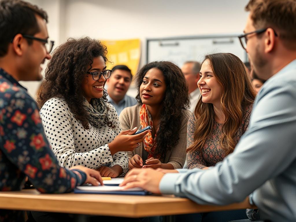 A dynamic image of a diverse group of teachers engaged in a collaborative workshop, sharing ideas and strategies. The atmosphere is lively and inspiring, with a focus on professional development and camaraderie, shot with a 45mm f/1.2 lens.