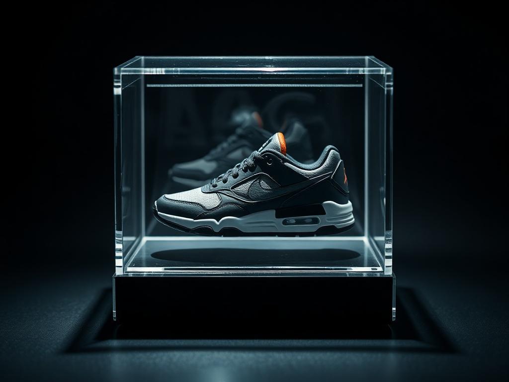 A realistic high-resolution image of a miniature athletic shoe collectible displayed inside a premium clear acrylic case. The shoe should be intricately detailed, showcasing its design features, and the background should be simple and elegant, enhancing the focus on the collectible. The lighting should create striking contrast, with bold highlights and deep shadows to emphasize the shoe's craftsmanship.