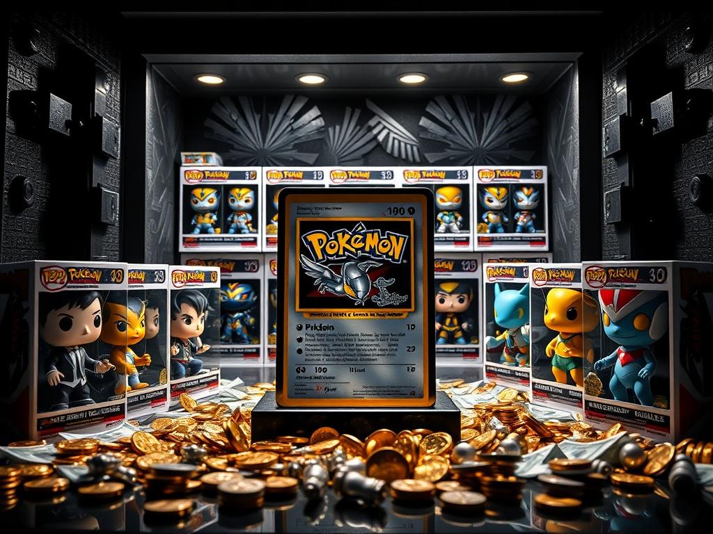A shiny high-value Pokemon card displayed prominently in the center, surrounded by boxed Funko Pops on either side. In the background, elegant ETBs (Elite Trainer Boxes) are arranged neatly within an open vault. The vault is filled with sparkling gold coins, lustrous pearls, and scattered hundred-dollar bills, creating a luxurious and enticing atmosphere. The lighting is bold and high-contrast, with deep shadows to accentuate the rich textures and colors of the collectibles.