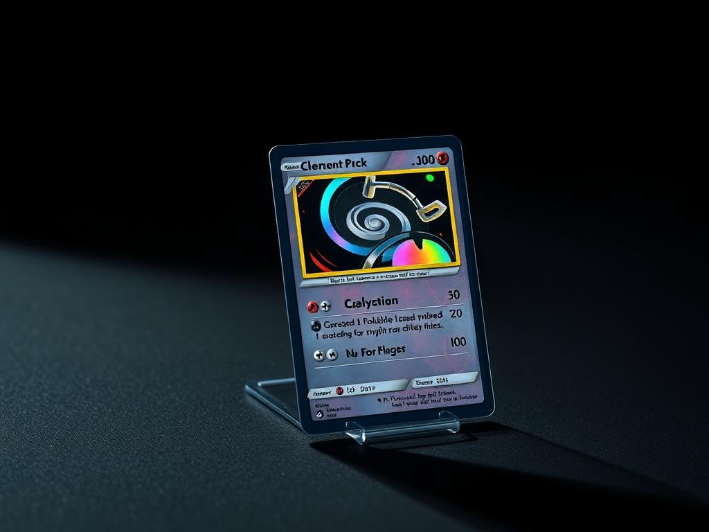 A stunning, high-resolution image of a rare high-value Pokémon card displayed on a clean, dark surface. The card should be positioned at an angle to highlight its intricate artwork and holographic features. Soft lighting should create a dramatic effect, enhancing the card's appeal. The background should be simple and unobtrusive to keep the focus solely on the card, showcasing its rarity and significance for passionate collectors.