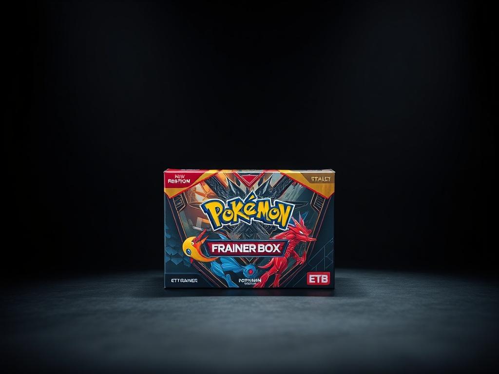 A realistic high-resolution photo of a sealed Elite Trainer Box (ETB) with vibrant artwork and premium packaging. The box should be centered in the frame, showcasing its intricate design and colors. The background should be a soft-focus dark surface to highlight the box, with striking lighting that casts deep shadows and enhances the details of the artwork. The composition should be simple, with only the ETB as the subject to create an eye-catching focal point.