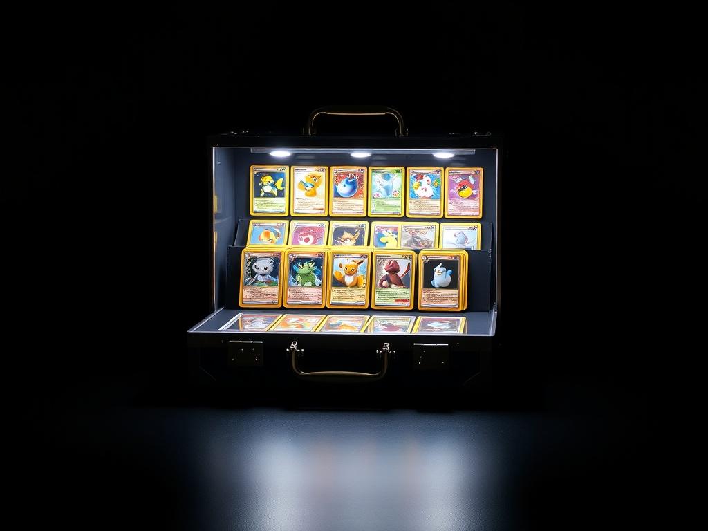 A high-resolution image of a luxurious lighted card collector display case designed like a briefcase, featuring a clear top. The display case should be open, showcasing an array of colorful Pokémon cards neatly organized inside. The background should be dark to enhance the lighting from within the case, creating a striking contrast that emphasizes the brilliance of the cards. Ensure the display case is the only subject in the image, with a focus on its elegant design and illumination.
