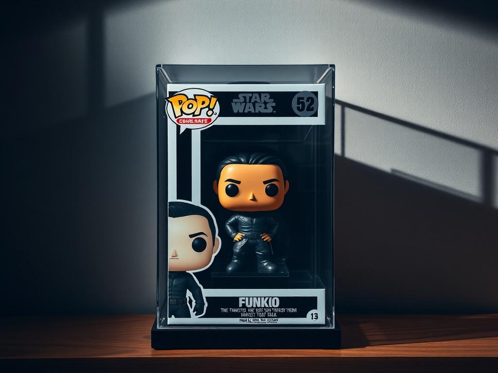 A high-resolution image of a Funko Pop display case, featuring a single Funko Pop figure inside. The case should be clear with an elegant design, placed on a wooden shelf in a softly lit room. The focus should be on the case's clarity and the figure's vibrant colors, with shadows creating depth.
