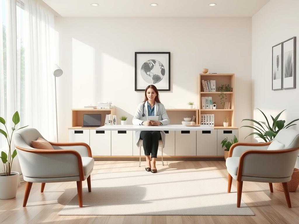 A serene and inviting consultation room with a single health consultant sitting at a desk, surrounded by health-related materials and a water bottle. The background includes soft, natural lighting and calming decor, creating a peaceful atmosphere that emphasizes health and wellness.