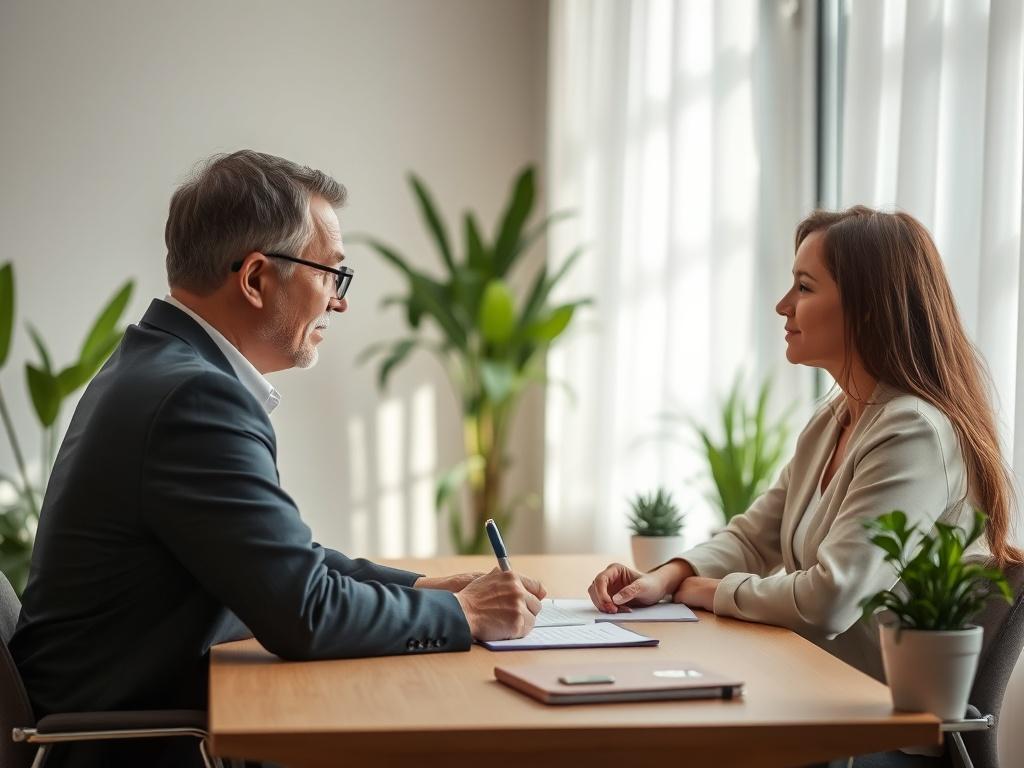 A health consultant sitting at a desk, engaged in a