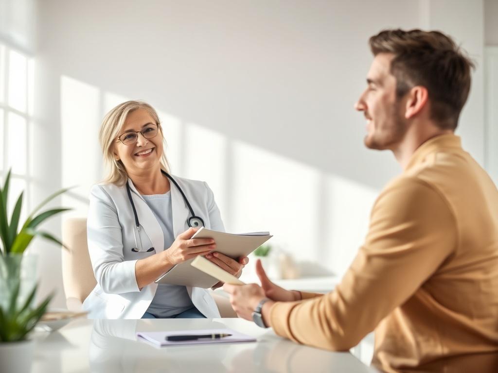 A health consultant in a serene, softly lit consultation room,