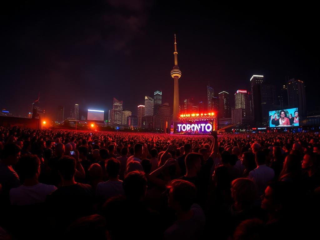 A vibrant scene of a diverse crowd enjoying a live concert in Toronto at night. The atmosphere is electric, with dramatic lighting illuminating the performers and audience, showcasing excitement and unity. The background features iconic Toronto landmarks subtly lit, enhancing the city's energy. The image should render rich contrasts and deep shadows, capturing the essence of a lively cultural event.