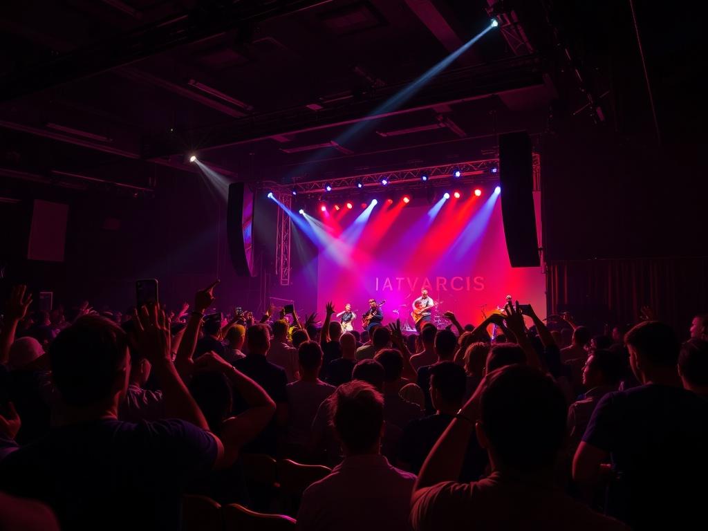 A high-resolution photo of a vibrant concert scene, featuring enthusiastic crowd members enjoying a live performance under dramatic lighting. The stage is illuminated with colorful lights, and musicians are passionately playing their instruments. The atmosphere is electric, showcasing the energy and excitement of a live concert. The composition should focus on the crowd and stage, capturing the thrill of the event.