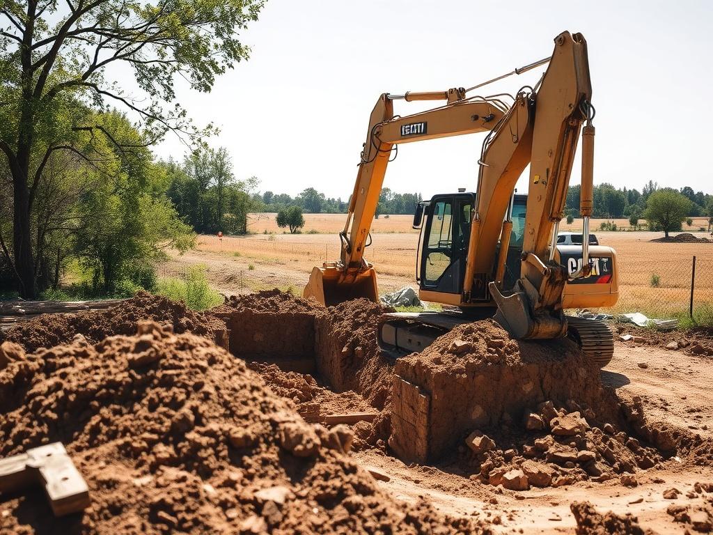 An excavator working on a construction site, digging a foundation