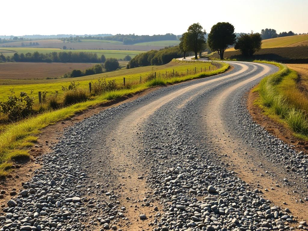 A freshly constructed gravel road winding through a scenic countryside