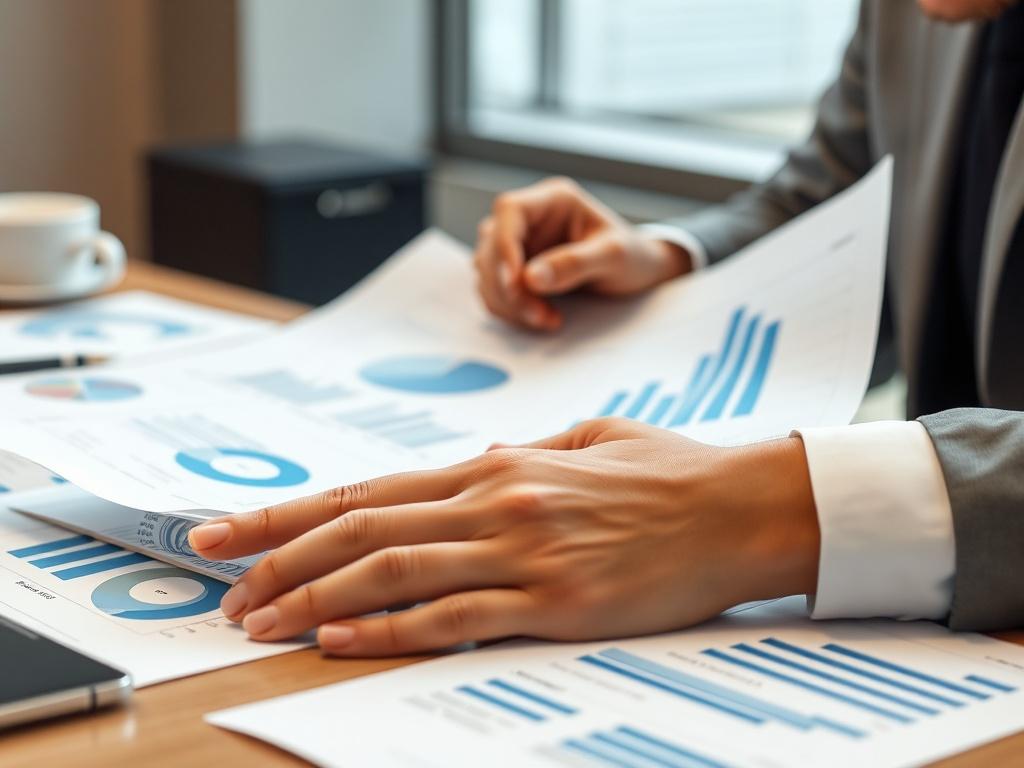 A hyper-realistic close-up of an individual analyzing a detailed market analysis report, with charts and graphs on the table. The background should be blurred to focus on the report, emphasizing the data and professional setting.