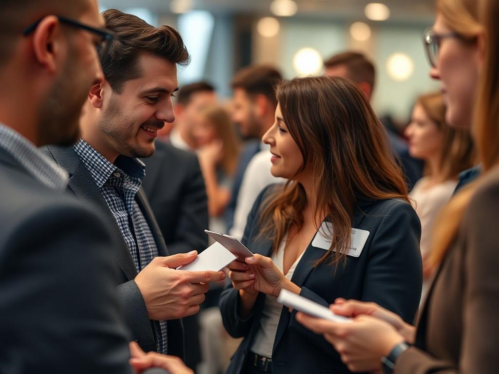 A hyper-realistic close-up of a professional networking event, showcasing individuals in conversation, exchanging business cards. The background should be softly focused, highlighting the collaborative atmosphere and engagement.