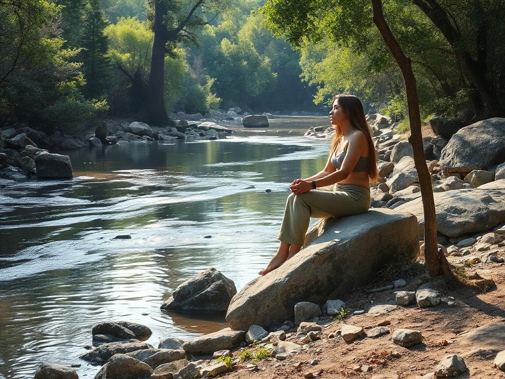 A serene outdoor scene featuring a calm individual sitting on a large rock by a tranquil river, surrounded by lush greenery and soft sunlight filtering through the trees. The person appears contemplative and at peace, embodying a sense of balance and tranquility. The overall atmosphere is earthy and grounded, with natural tones and textures that evoke a sense of calm and connection to nature.