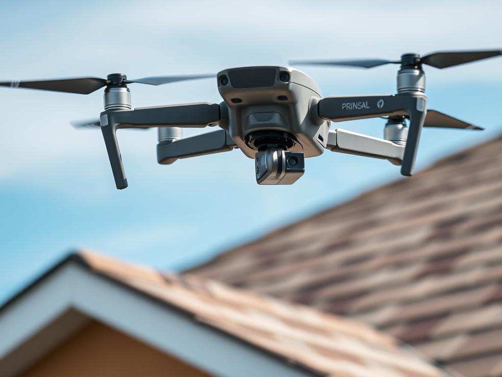 A close-up shot of a drone hovering above a residential roof, capturing detailed images of the roofing material. The drone's camera focuses on specific areas of concern, such as missing shingles and potential leaks. The background shows a clear blue sky, emphasizing the technology used for precision inspections. The image is captured with a 45mm f/1.2 lens, creating a sharp focal point on the roof while softly blurring the surroundings.