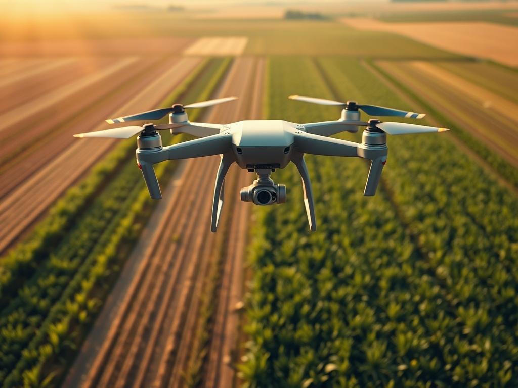 An aerial view of a vast agricultural field with a drone flying above, capturing images of crops in different growth stages. The image highlights the vibrant greens and browns of the field, showcasing the efficiency of drone technology in monitoring agricultural health. The sun casts a warm glow on the landscape, enhancing the visual appeal. Shot with a 45mm f/1.2 lens, the focus is sharp on the drone and the field, creating an engaging composition.