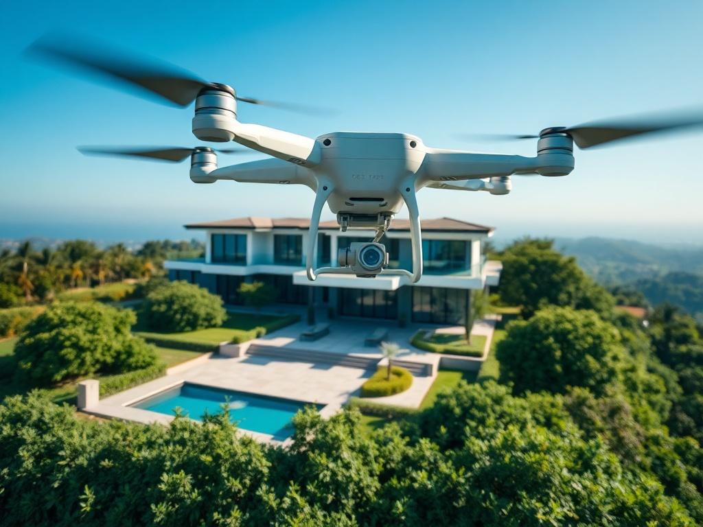 A breathtaking aerial view of a modern real estate property with lush green surroundings. The drone captures the entire estate, showcasing the architecture and landscaping. The sky is clear, enhancing the vibrant colors of the property and the surrounding area. The image is shot with a 45mm f/1.2 lens, emphasizing the property while maintaining a soft focus on the background.