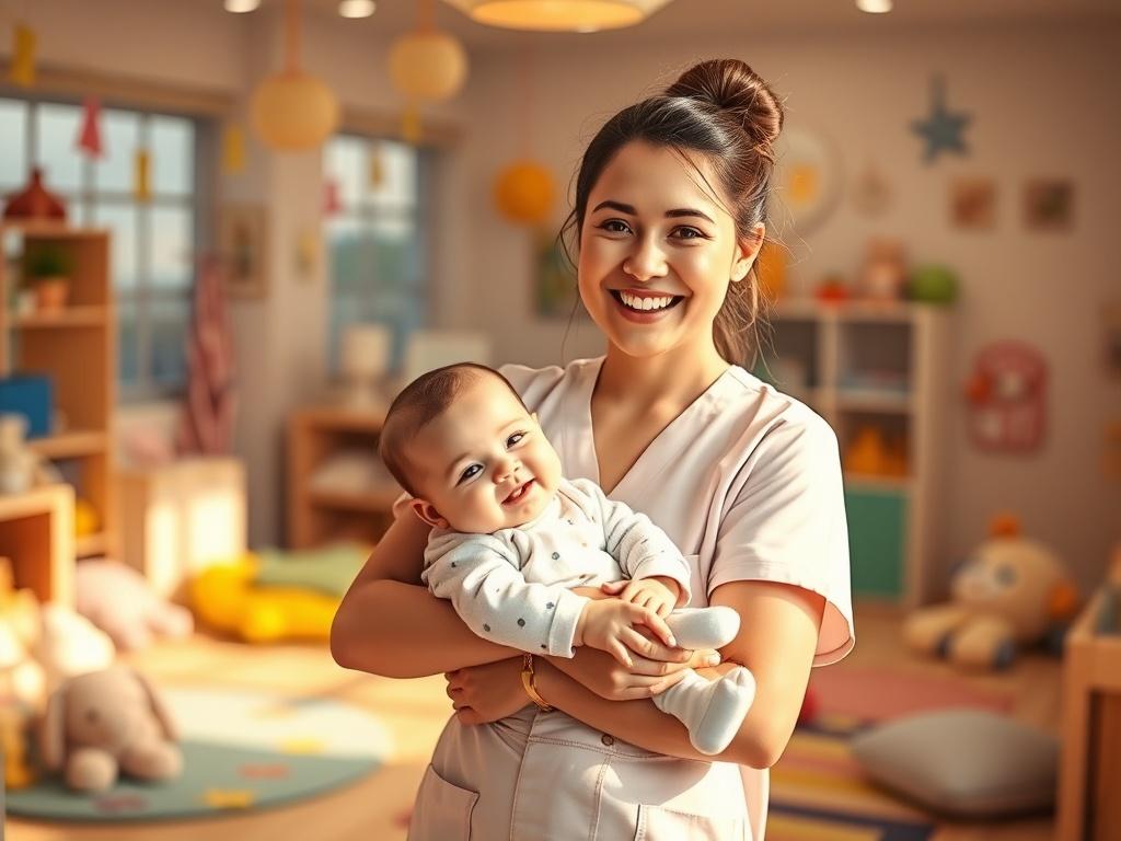 A warm, cozy daycare room filled with soft toys and