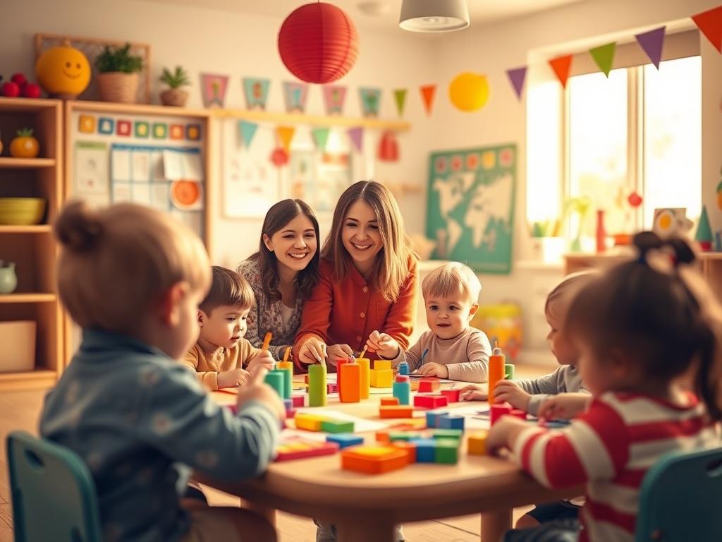 A bright, colorful classroom with toddlers engaged in various activities