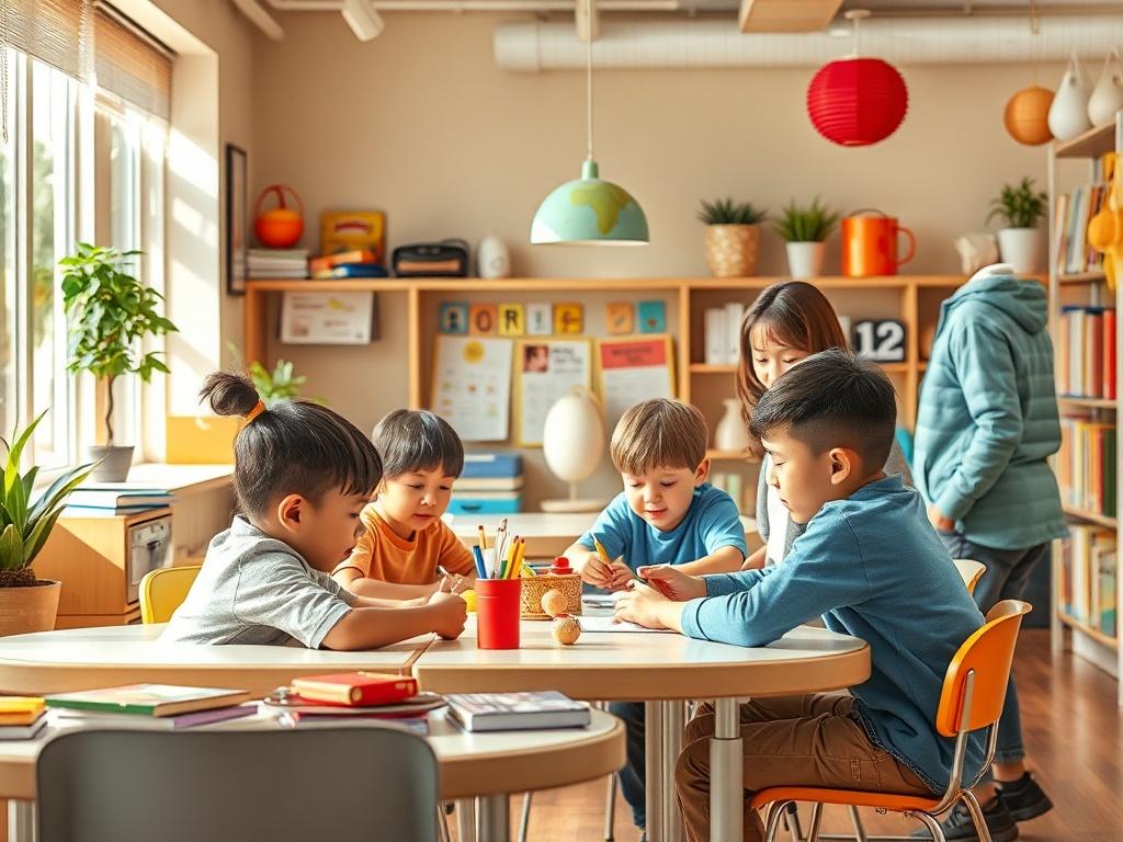 A lively after school setting with children playing games and