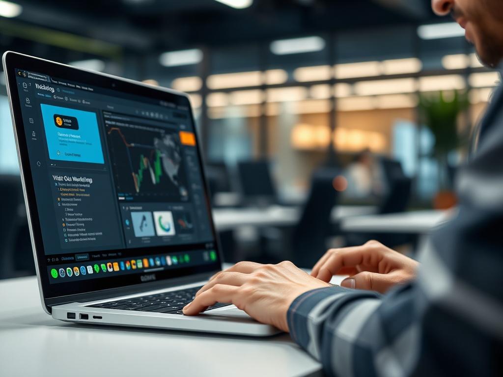 A close-up shot of a person working on a laptop with a focus on the screen displaying automation workflows using make.com and n8n tools. The background is a modern office environment, with soft lighting that highlights the productivity and efficiency of automation. The subject is engaged and focused, showcasing the excitement of streamlining business processes.