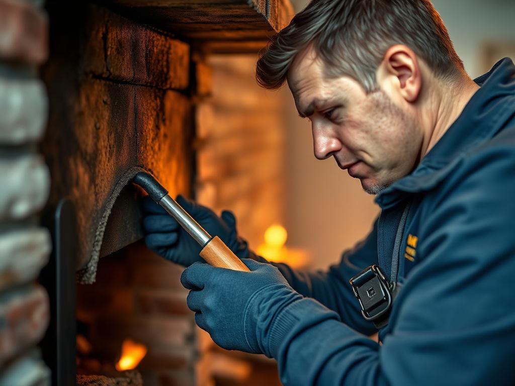 A professional chimney technician in action, cleaning a chimney with