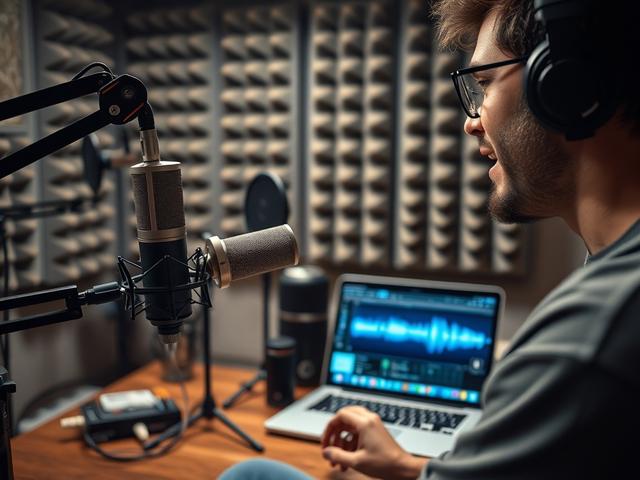 A realistic high-resolution close-up shot of a podcast recording session in progress. The image features a host speaking into a high-quality microphone with soundproofing panels in the background. Various recording devices and a laptop displaying audio tracks are visible. The environment is cozy and professional, highlighting the intimate nature of podcasting.