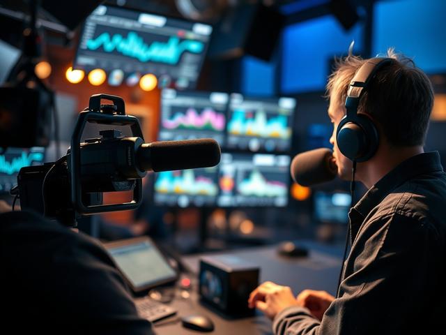 A high-resolution close-up shot of a professional broadcasting studio setup featuring a host at a microphone with headphones on, engaging with an audience. The background shows advanced broadcasting equipment, screens displaying analytics, and soft studio lights creating a warm ambiance. The image captures the essence of live streaming, showcasing the vibrant atmosphere of media production.