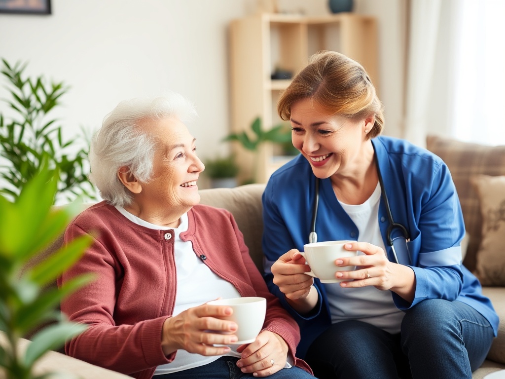 Caregiver and senior enjoying meaningful conversation and quality time together