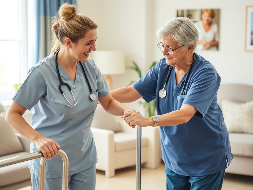 Skilled caregiver assisting post-operative patient with safe recovery and mobility