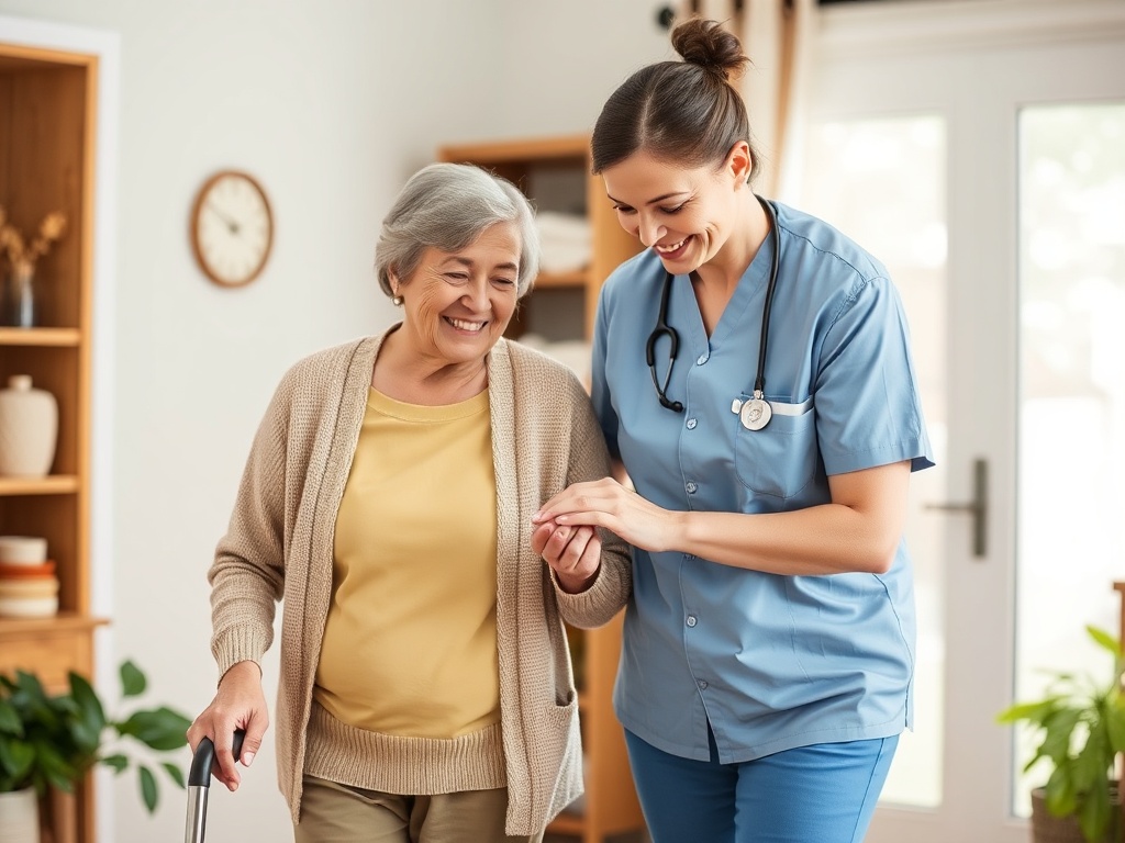 Caregiver providing safe mobility assistance to senior client