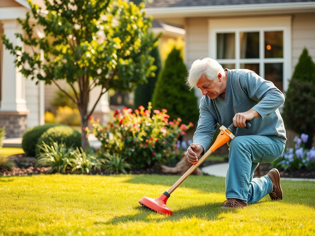 Professional caregiver maintaining a safe, well-groomed yard for senior homeowner
