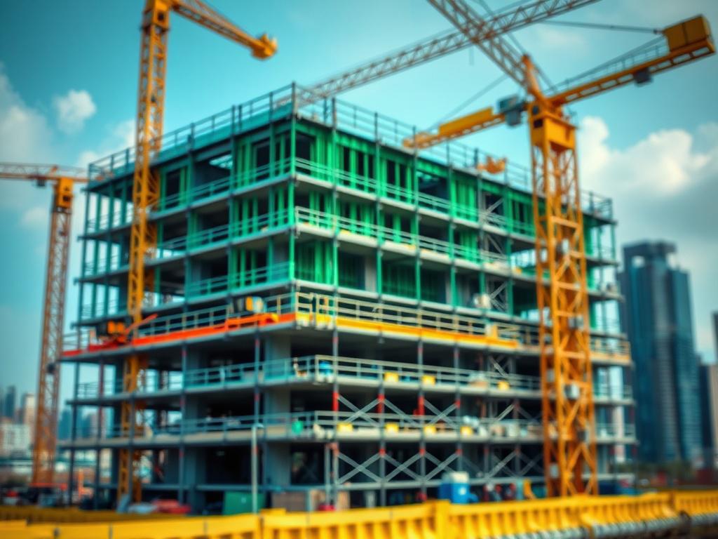 A close up shot of a construction site with cranes