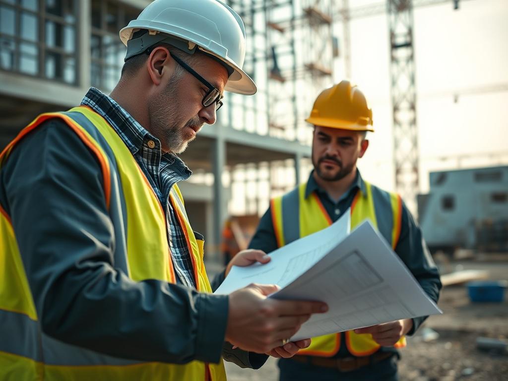 A close up shot of a project manager reviewing blueprints