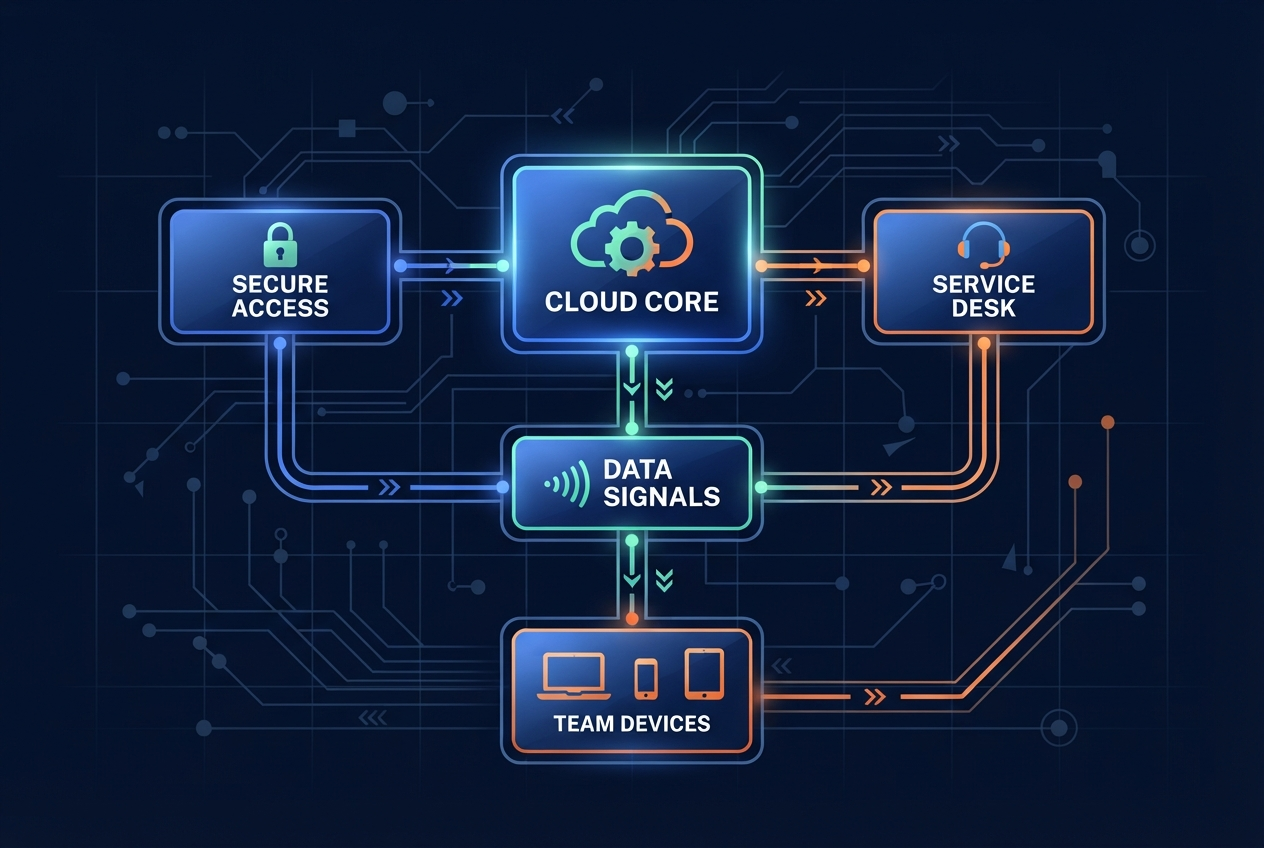Modular technology architecture diagram showing interconnected system blocks for cloud, security, and operations