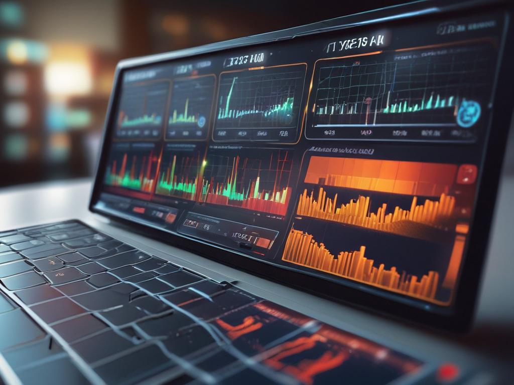 A digital dashboard displaying trading metrics, with glowing graphs and